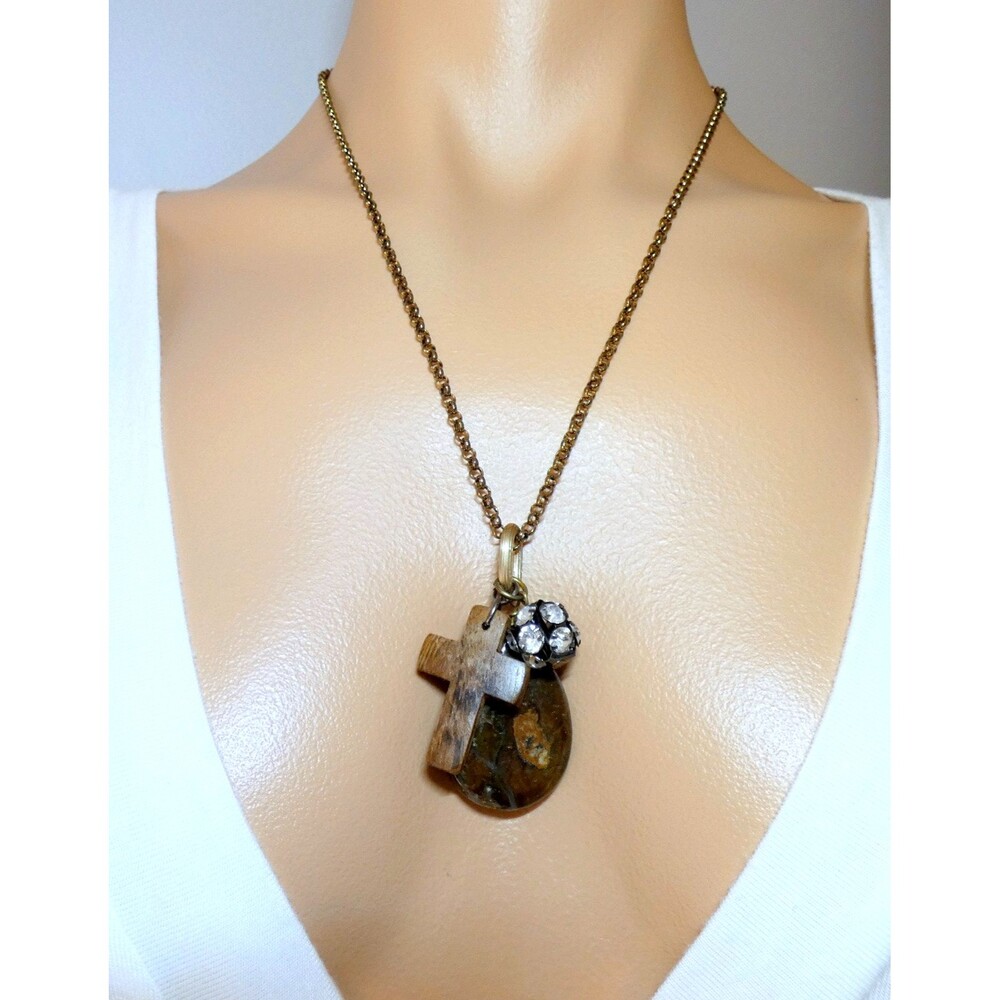 Handcrafted Wood Cross Bloodstone Charm Brass Necklace 22"